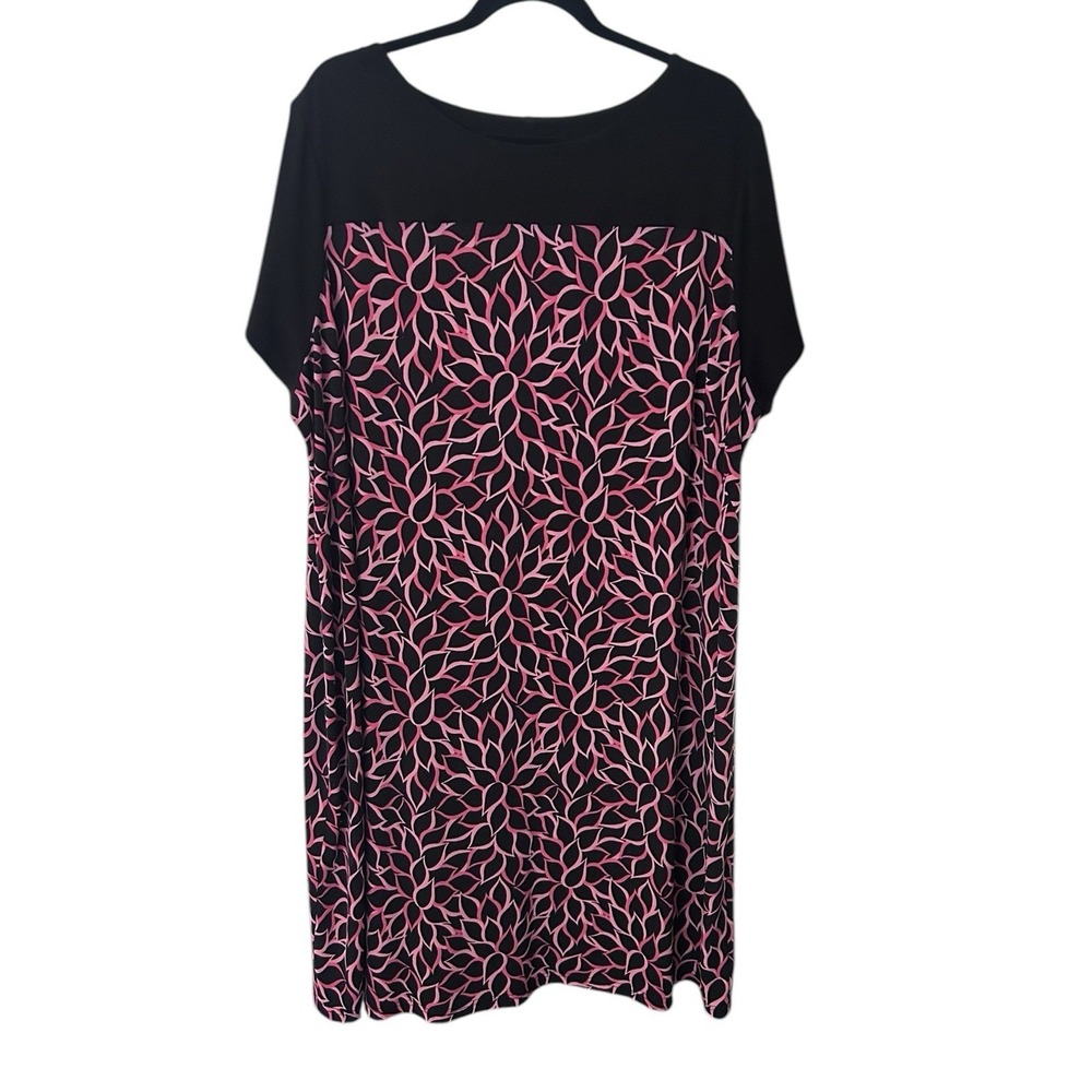Bob Mackie Dress Wearable Art Black Pink Floral Leaf Jersey Stretch Size 2X Midi